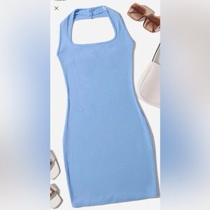 Baby Blue Rib-knit Backless Dress